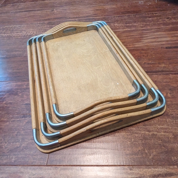 💘HOST PICK💘 VTG 50's MCM 4P Wooden W Metal Nesting Serving Trays - Picture 4 of 16